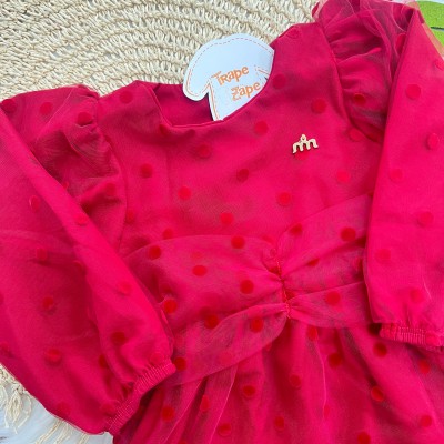 Vestido Manga Longa Tule com Bolinhas - Vermelho